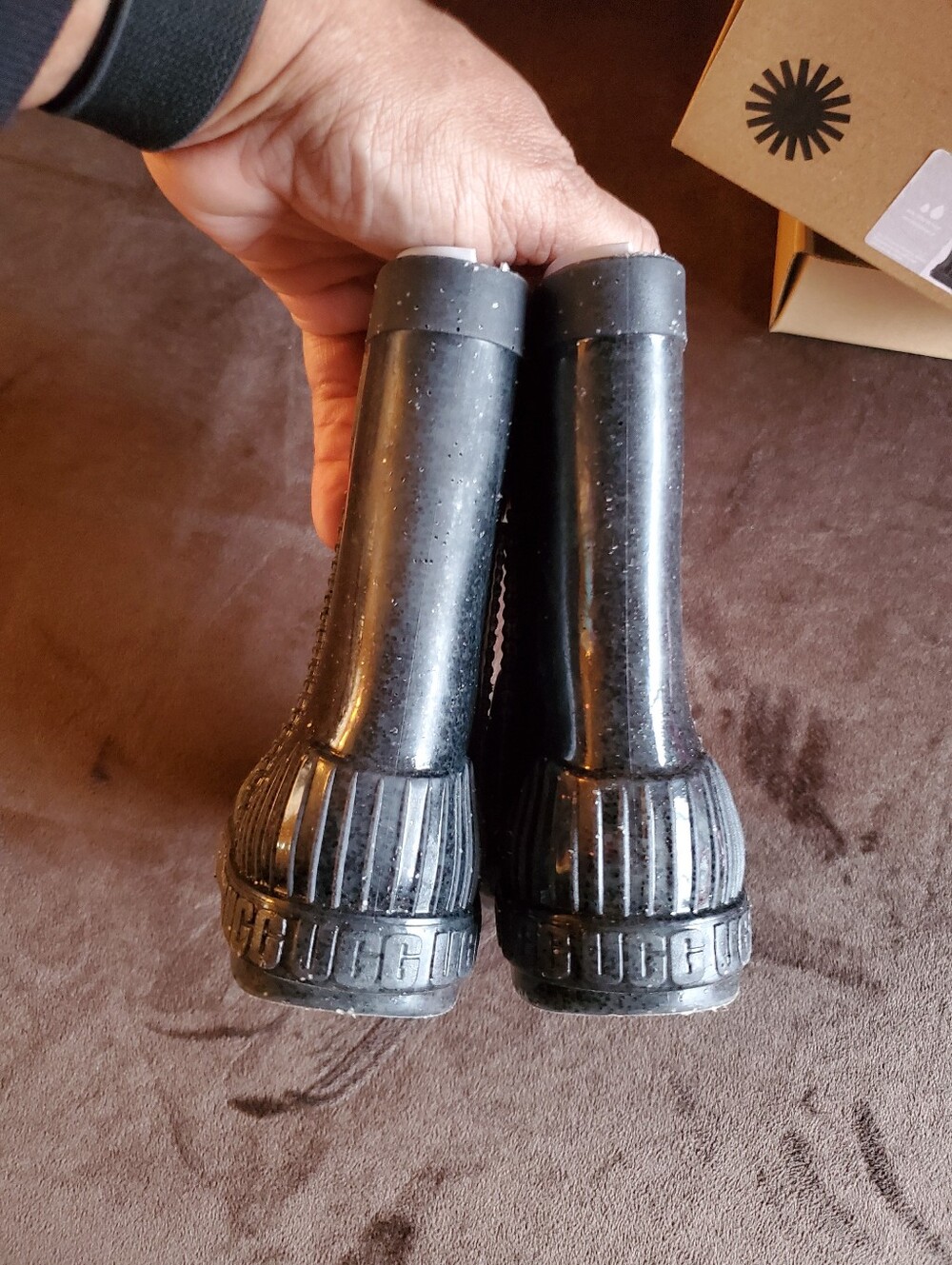 UGG Kids Black Glitter Rain Boots with Side Handles - Picture 7 of 7